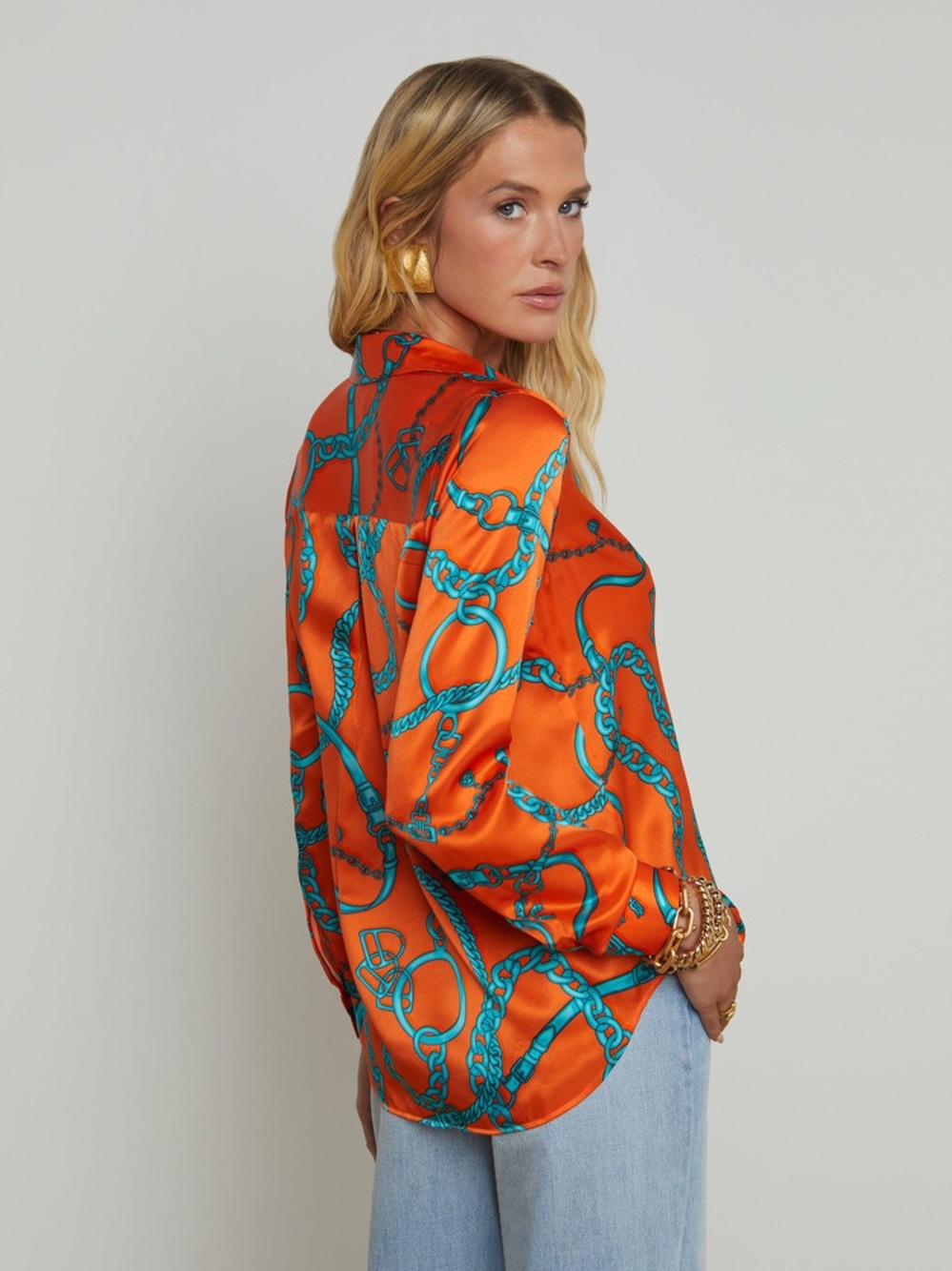 NWT L'Agence Buckle Chain Tyler Silk Blouse In Orangeteal Buckle Chain - Picture 4 of 7